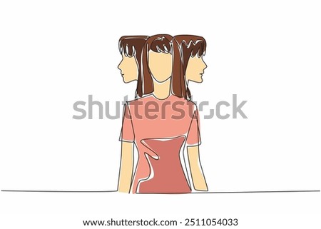 Single continuous line drawing a woman facing forward with two heads behind looking right and left. Mental health problems. Psychology. Multiple Personality Day. One line design vector illustration