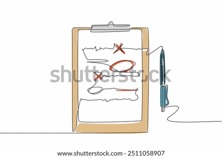 Continuous one line drawing a correction notes on paper attached to clipboard. Improvements to good language writing. Education. National Proofreading Day. Single line draw design vector illustration