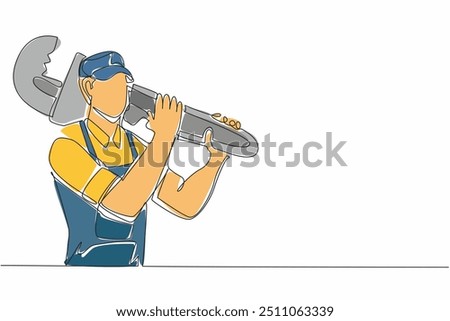 Continuous one line drawing plumber carrying a big wrench on shoulder. Symbol of great responsibility to make waterways more efficient. World Plumbing Day. Single line draw design vector illustration