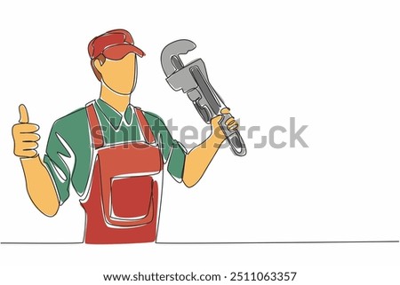 Single continuous line drawing plumber holding big wrench with thumbs up gesture. Approval to build new water pipeline. To be more efficient. World Plumbing Day. One line design vector illustration