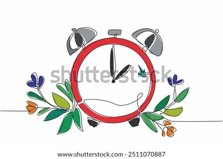 Single one line drawing alarm clock shows 2 o'clock with leaves and flowers. Waiting for time change. Prepare by creating a reminder. Daylight Saving Time. Continuous line design graphic illustration