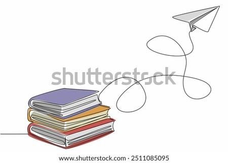 Continuous one line drawing a stack of books with a paper airplane flying above. Increase the knowledge by reading a lot. International Day of Mathematics. Single line draw design vector illustration