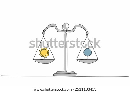 Continuous one line drawing the sun on the left of scale and the full moon on the other side. Balanced. Night and day are the same length. Spring Equinox. Single line draw design vector illustration