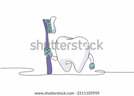 Continuous one line drawing tooth holding a toothbrush. A campaign advertisement. Take care of the teeth by brushing them regularly. World Oral Health Day. Single line draw design vector illustration