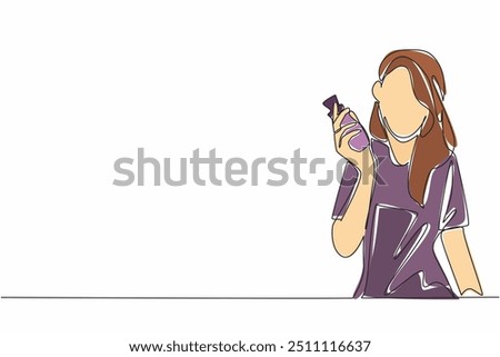 Single continuous line drawing woman in casual clothes posing holding perfume bottle. Showing off signature perfume. Perfumery. Elegance. National Fragrance Day. One line design vector illustration