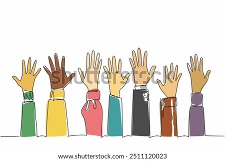 Single one line drawing seven colorful hands raise. Activists on move. United against racism. International Day for Elimination of Racial Discrimination. Continuous line design graphic illustration