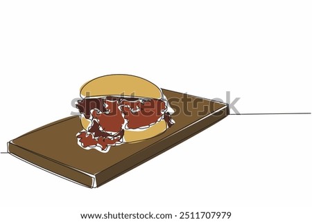 Single continuous line drawing sloppy joe on square cutting board. Ready to be served. Very delicious savory sandwich. Minced beef filling. National Sloppy Joe Day. One line design vector illustration