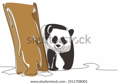 Single one line drawing panda moves and appears from behind a tree. Threatened with loss of natural habitat. Effects of global warming. National Panda Day. Continuous line design graphic illustration