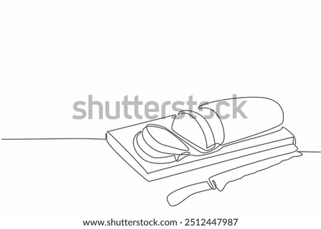 Single one line drawing French bread with the ends cut off on a cutting board. Chef prepares a baguette tester slice. Customer. National French Bread Day. Continuous line design graphic illustration