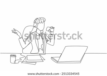 Continuous one line drawing young businesswoman sitting on a chair wearing headphones. Lazing around singing karaoke in the office. National Goof Off Day. Single line draw design vector illustration