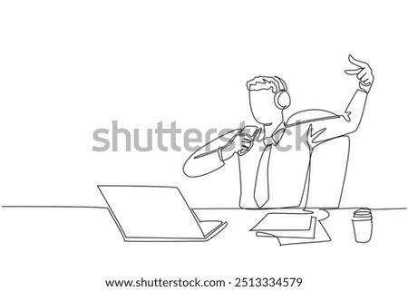 Single continuous line drawing businessman sitting on chair wearing headphones. Lazing around. Singing happily. Channeling hobbies. Exciting. National Goof Off Day. One line design vector illustration