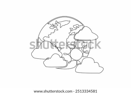 Single one line drawing the globe surrounded by several clouds and the sun. Experts predict the rainy season has not yet arrived. World Meteorological Day. Continuous line design graphic illustration