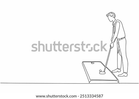 Continuous one line drawing businessman in tie playing mini golf in room. Work can be done later. Today is a play day at the office. National Goof Off Day. Single line draw design vector illustration