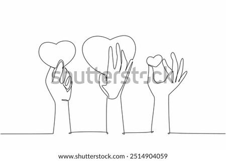 Continuous one line drawing some hands holding heart symbol. Get some compliments. Socialize well. Symbol of interest. Praise. National Screenwriters Day. Single line draw design vector illustration