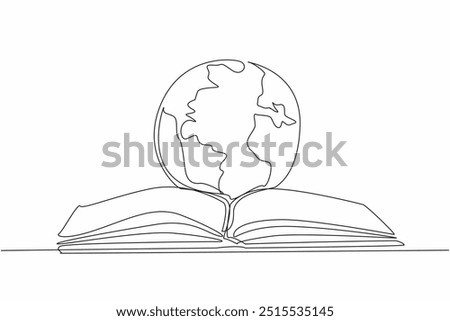 Single one line drawing globe in the middle of open book. Symbol. Metaphor. Reading books opens up literacy about the world. International Day of Education. Continuous line design graphic illustration