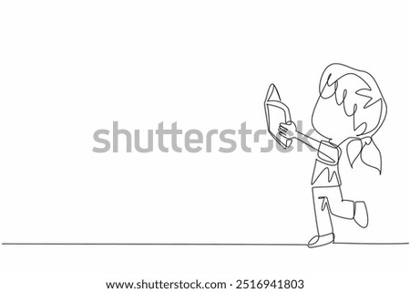 Single one line drawing little girl standing while reading a book. Practicing what is read. Full of joy and lots of funny expressions. World Read Aloud Day. Continuous line design graphic illustration