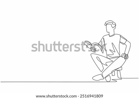 Single one line drawing man sitting on child's chair reading book. Telling an exciting story book. Cultivating interest in reading. World Read Aloud Day. Continuous line design graphic illustration