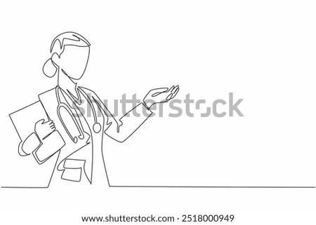 Continuous one line drawing a female doctor hold a clipboard and gesturing with her hand. Contributions of women in medical. National Women Physicians Day. Single line draw design vector illustration