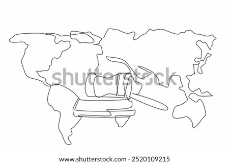 Continuous one line drawing gavel and stand with world map background. The importance of upholding legal principles worldwide. World Day of Social Justice. Single line draw design vector illustration