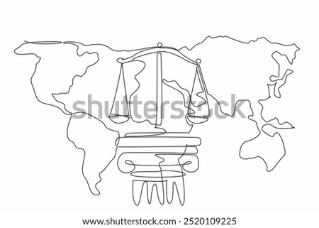 Single one line drawing scales on concrete pillars on the world map background. The foundation of a just society. Stability. World Day of Social Justice. Continuous line design graphic illustration