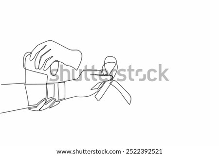 Continuous one line drawing two arms are bandaging wound of other injured arm with bandage. Providing assistance to patients. Self-Injury Awareness Day. Single line draw design vector illustration