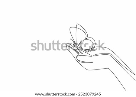 Single one line drawing butterflies flying on two open palms. Like holding up water as a source of life. There is the best hope. Zero Discrimination Day. Continuous line design graphic illustration