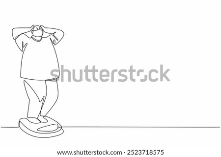 Single continuous line drawing obese man weighing himself on a scale. Shocked. Feeling insecure. Thinking about losing weight. Extra exercise. World Obesity Day. One line design vector illustration