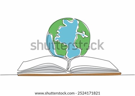 Single one line drawing globe in the middle of open book. Symbol. Metaphor. Reading books opens up literacy about the world. International Day of Education. Continuous line design graphic illustration