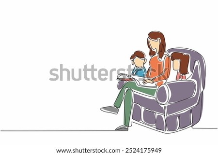 Single continuous line drawing woman and her two children sitting on the sofa and reading a book together. Like a community. Good hobby. World Read Aloud Day. One line design vector illustration