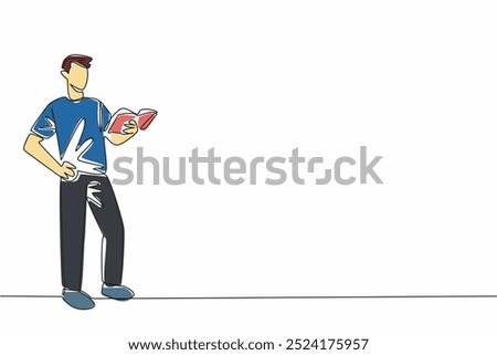 Single continuous line drawing man standing holding a book and reading it. Reading literature books. Poetry. Novels. Expressive. Appreciation. World Read Aloud Day. One line design vector illustration