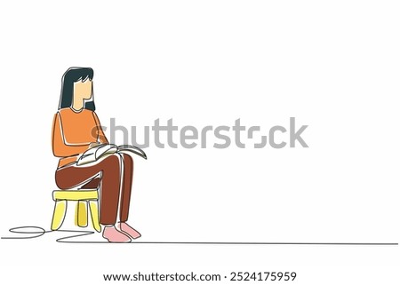 Single one line drawing woman sitting on a child's chair reading a book. Modeling the best way to read. Cultivating good interest. World Read Aloud Day. Continuous line design graphic illustration