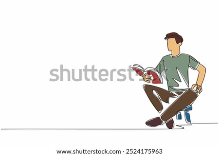 Single one line drawing man sitting on child's chair reading book. Telling an exciting story book. Cultivating interest in reading. World Read Aloud Day. Continuous line design graphic illustration