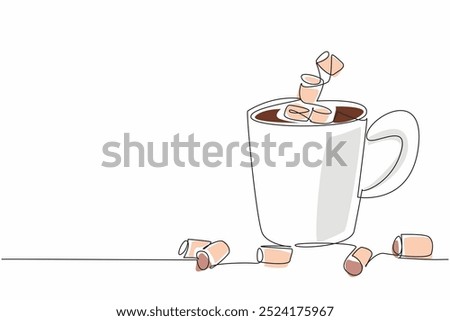 Continuous one line drawing the mug filled with chocolate drink and marshmallows. Enhances taste and texture in mouth. Sweet. National Hot Chocolate Day. Single line draw design vector illustration