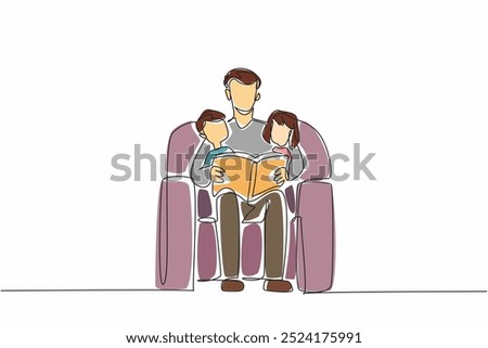 Continuous one line drawing man with two children sitting on sofa reading a book together. A model father. A good hobby to pass on. World Read Aloud Day. Single line draw design vector illustration