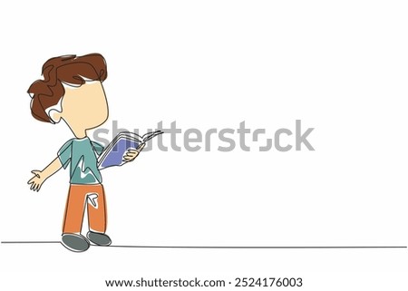 Single continuous line drawing boy standing reading a book. Interesting stories. Cultivate children's interest in reading through comic. World Read Aloud Day. One line design vector illustration