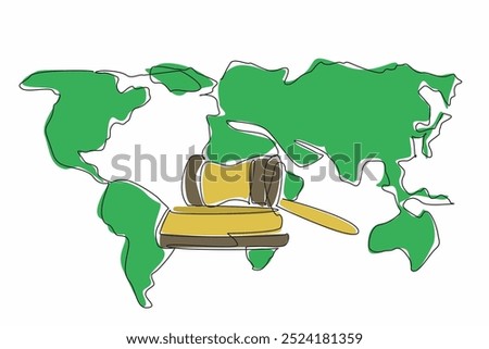 Continuous one line drawing gavel and stand with world map background. The importance of upholding legal principles worldwide. World Day of Social Justice. Single line draw design vector illustration