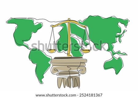 Single one line drawing scales on concrete pillars on the world map background. The foundation of a just society. Stability. World Day of Social Justice. Continuous line design graphic illustration