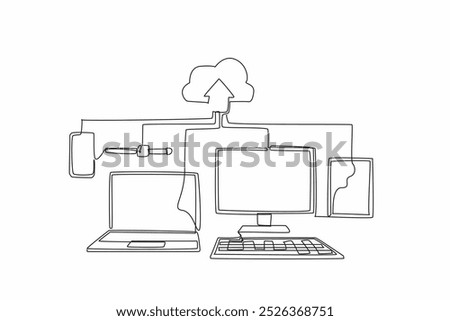 Continuous one line drawing some gadget devices upload data to the cloud. Very easy storage media. Confidential. Important. Cloud server. World Backup Day. Single line draw design vector illustration