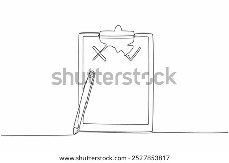 Single one line drawing clipboard with check mark and X symbol. List truth in detail. Avoid lies. Anti hoax information. International Fact-Checking Day. Continuous line design graphic illustration