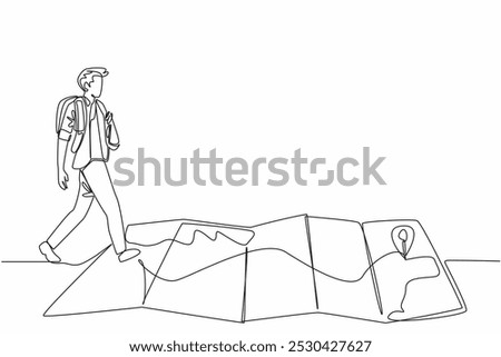 Continuous one line drawing a man with a backpack walks over a creased map. Enough supplies. Directions are there. Adventure. National Read a Road Map Day. Single line draw design vector illustration