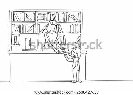 Continuous one line drawing female librarian received book from female student. Ask something about book. Patient in serving. National School Librarian Day. Single line draw design vector illustration