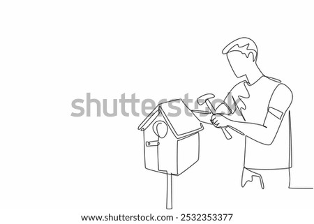 Single one line drawing a man making a wooden birdhouse. Showing skills for the beloved pet. Profitable imagination. Full of creativity. National DIY Day. Continuous line design graphic illustration