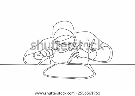 Single continuous line drawing people wearing full PPE checking some fairly large chunks of rock. Check the density of stone. Need important info. Geologists Day. One line design vector illustration