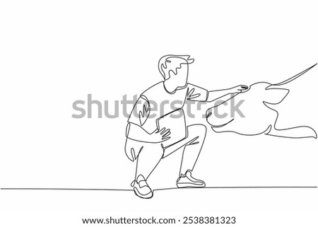 Single continuous line drawing male farmer kneel with clipboard and stroking head of cow. Weekly report notes. Ideal weight of livestock. National Farm Animals Day. One line design vector illustration