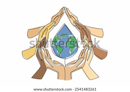 Single one line drawing series of hands forming water drop. Keep the water clean. Without contamination. Water is the source of life.  World Water Day. Continuous line design graphic illustration