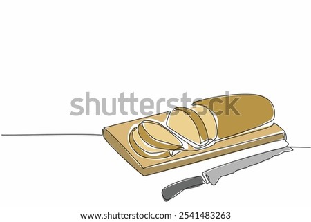 Single one line drawing French bread with the ends cut off on a cutting board. Chef prepares a baguette tester slice. Customer. National French Bread Day. Continuous line design graphic illustration