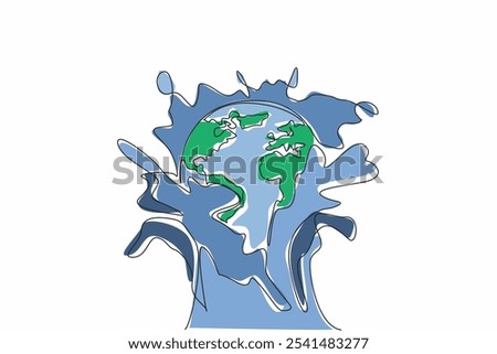 Single continuous line drawing globe hit by water splash from below. A metaphor. Should care more about protecting the environment. For future. World Water Day. One line design vector illustration