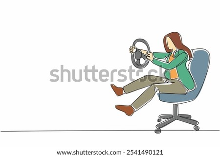 Single one line drawing businesswoman sit on chair playing with car steering wheel. Holiday alone. Very lazy to activities in office. National Goof Off Day. Continuous line design graphic illustration