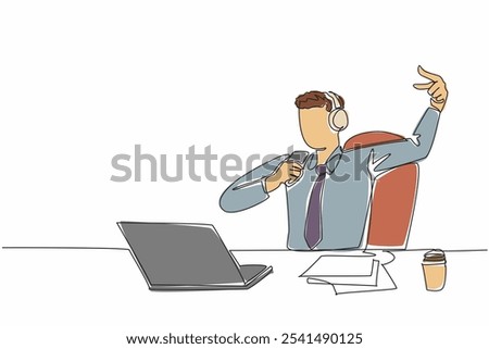 Single continuous line drawing businessman sitting on chair wearing headphones. Lazing around. Singing happily. Channeling hobbies. Exciting. National Goof Off Day. One line design vector illustration