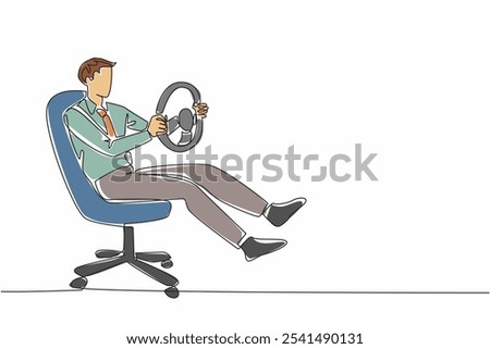 Continuous one line drawing a businessman sit on office chair playing with the steering wheel. Latest car racing game. Lazy day. National Goof Off Day. Single line draw design vector illustration